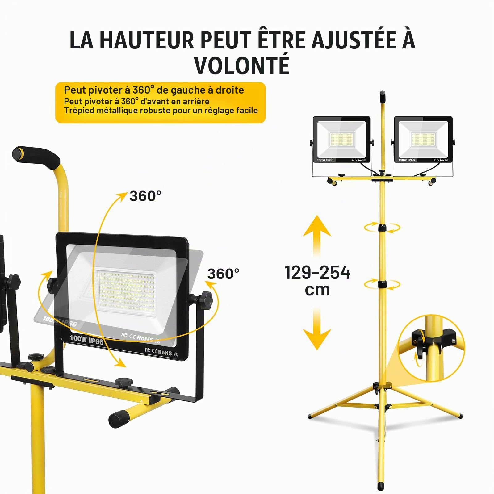 PICAA 2 Lampes 200W 20000LM Projecteur LED chantier avec trépied | Lampe de Travail,Étanche,175-265V,portable/flexible,pour extérieur/intérieur,Atelier, Garage,Construction,Sous-Sol,Câble 5M