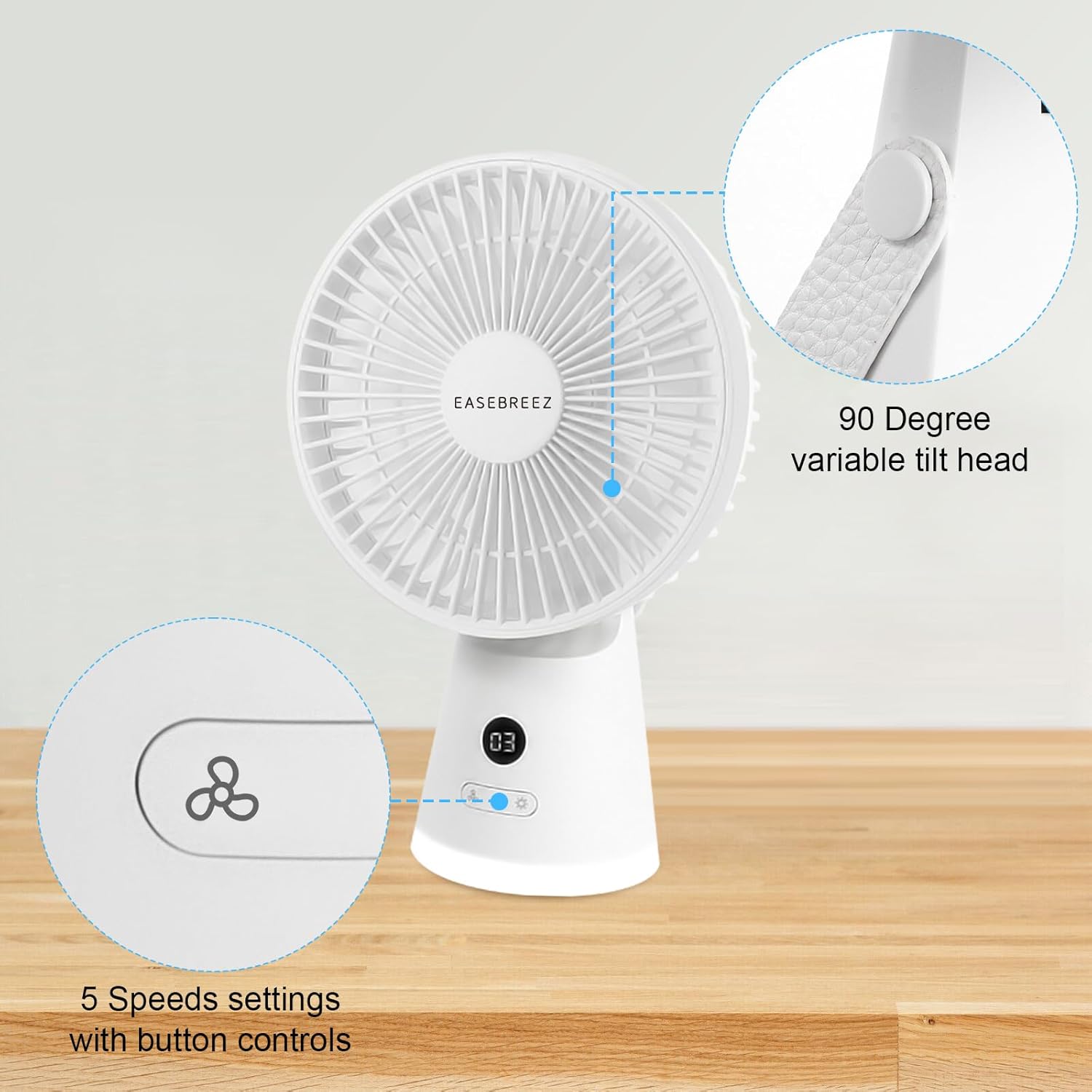 Desk Fan, Table Air Circulator with 90-Degree Tilt Head and 5 Speed Settings, Battery Operated, Digital Display, Low Noise, Night Light, Quiet Fan for Home, Bedroom, Office, Camping