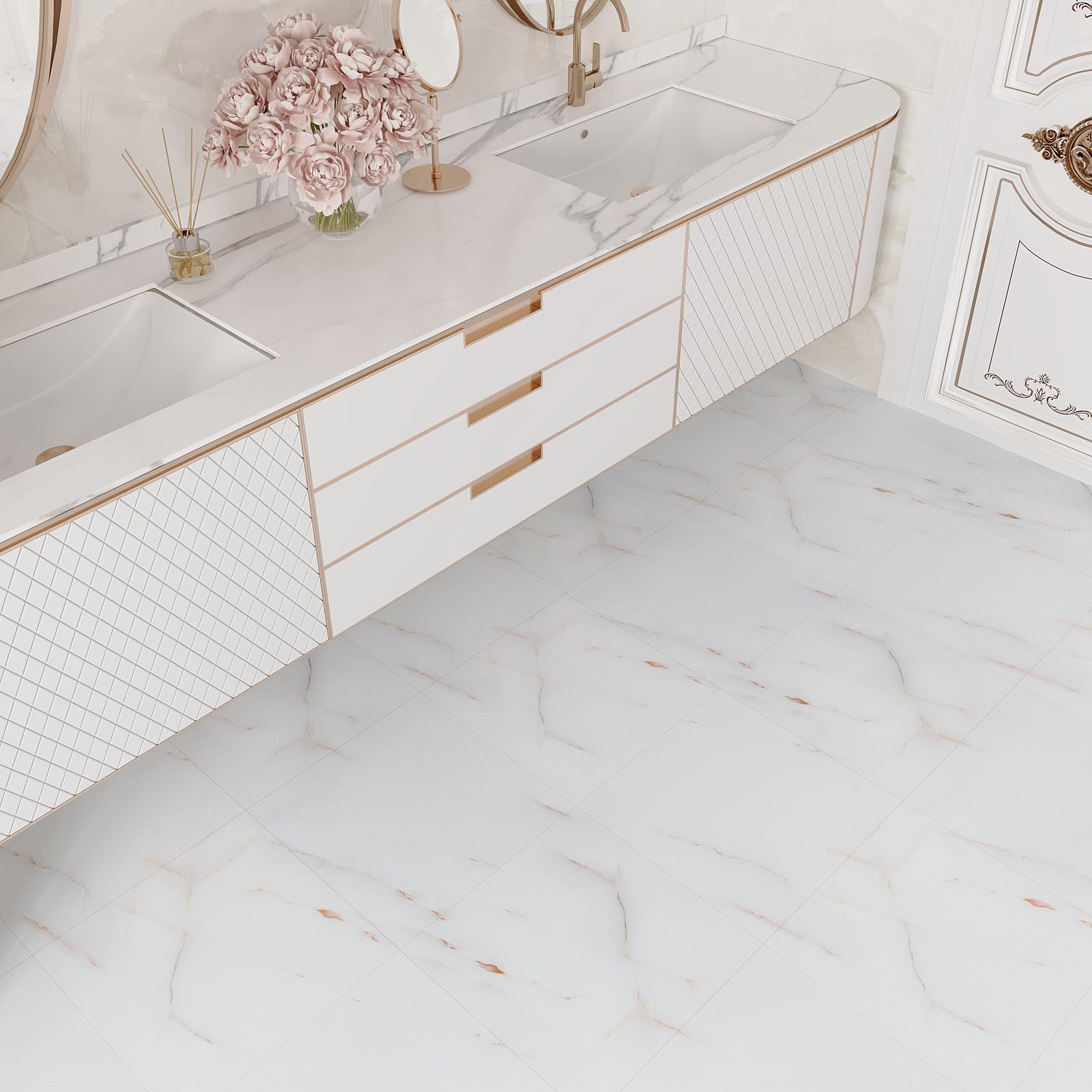 VEELIKE Pavimento PVC Adesivo Marmo Bianco Oro 24 Pezzi Piastrelle Adesive Pavimento Bagno Spesso Adesivi per Piastrelle Marmo Bianca per Cucina Camera da Letto Garage Impermeabile 30 cm x 30 cm