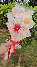 Handmade Crochet Bunny Floral Bouquet, White Daisy and Pink Flowers, 30 cm, Gift Pack