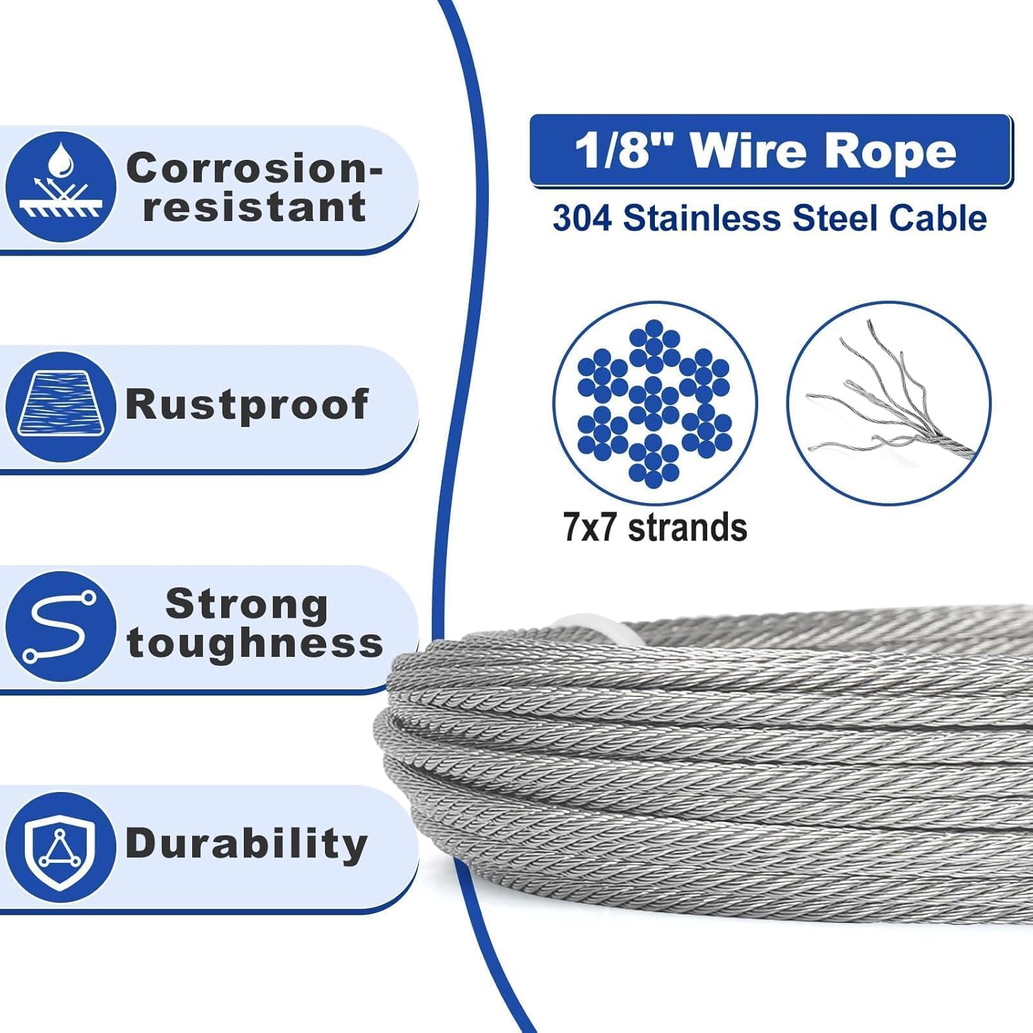 TooTaci 1/8 Stainless Steel Cable, 50ft 1/8 Steel Wire Rope Heavy Duty with M6 Turnbuckle for Cables Wire, 7×7 Strands Aircraft Cable for Deck Railing, Fences, Anti Sag Gate Kit