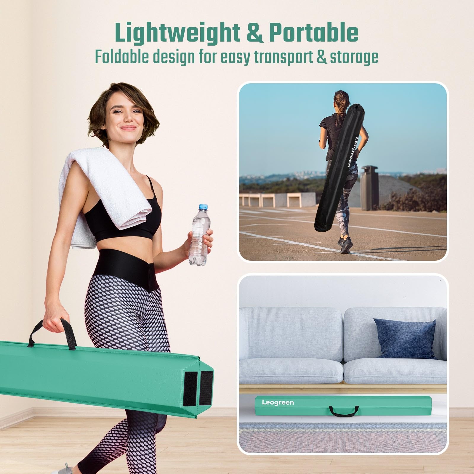 Leogreen Barra de Equilibrio PU Cuero Plegable 270cm, Barra de Gimnasia Artistica para Niños Adultos, Viga de Equilibrio con Bolsa de Transporte y Base Antideslizante Verde