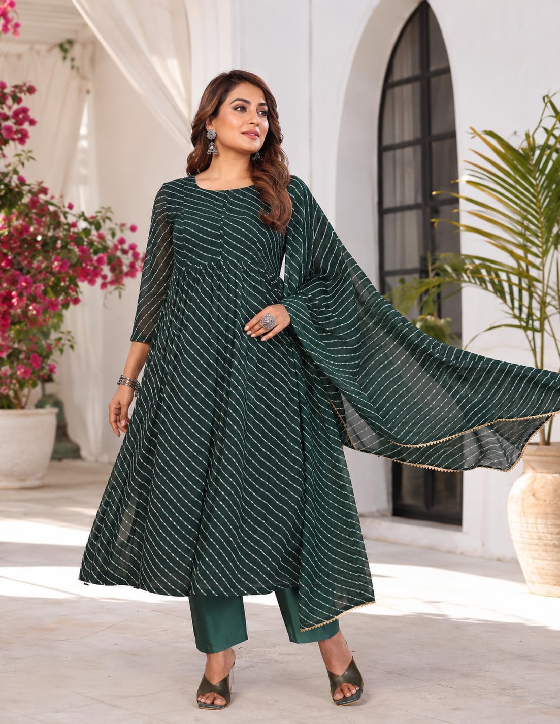 7 HORSE Women Blue Weightless Striped Anarkali Kurta Set with Pants & Dupatta | 3-Piece Suit