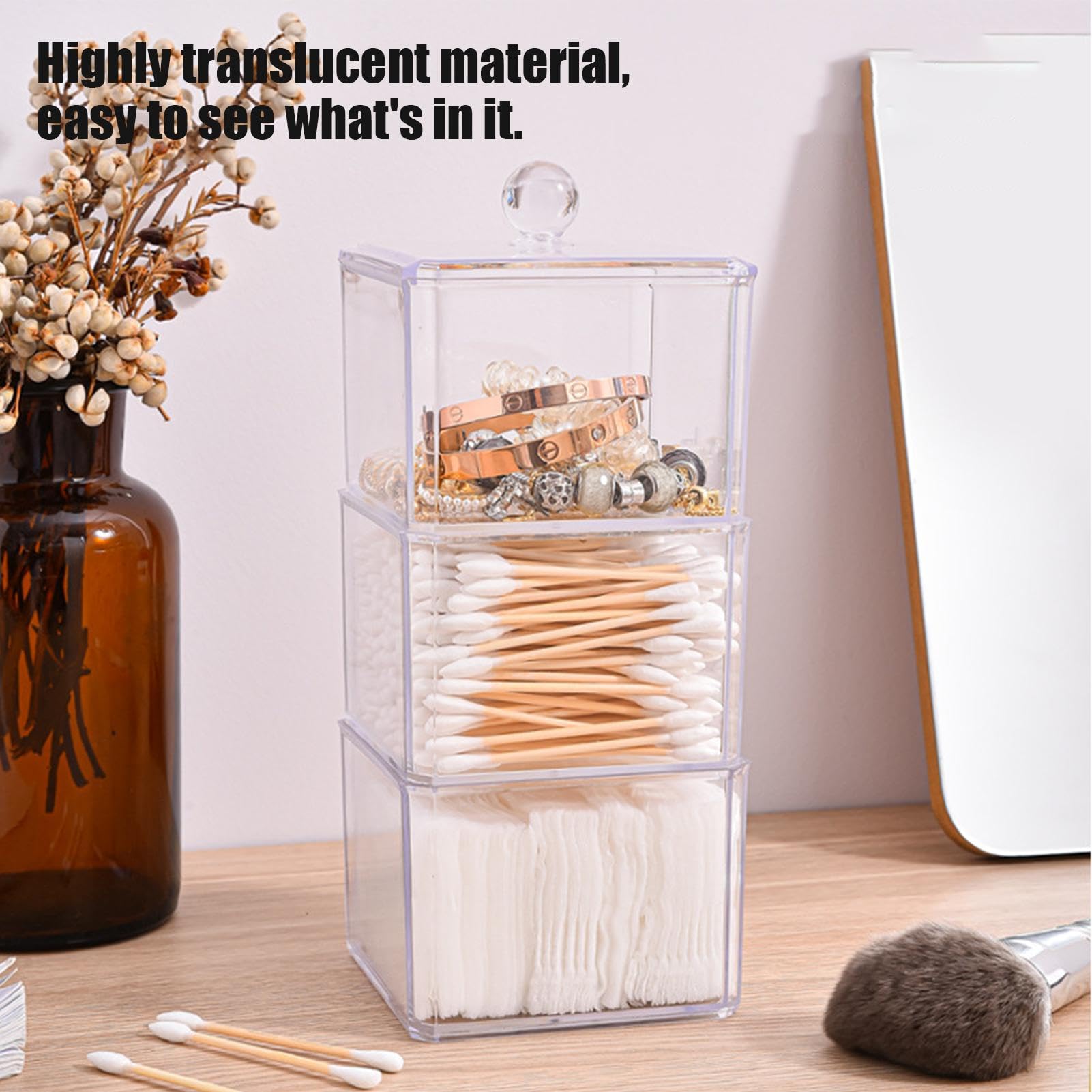 Fonowx Scatola porta cotton fioc Porta batuffoli di cotone Dispenser Custodia per attrezzi per trucco Contenitore per dischetti rotondi in cotone con, Ambra