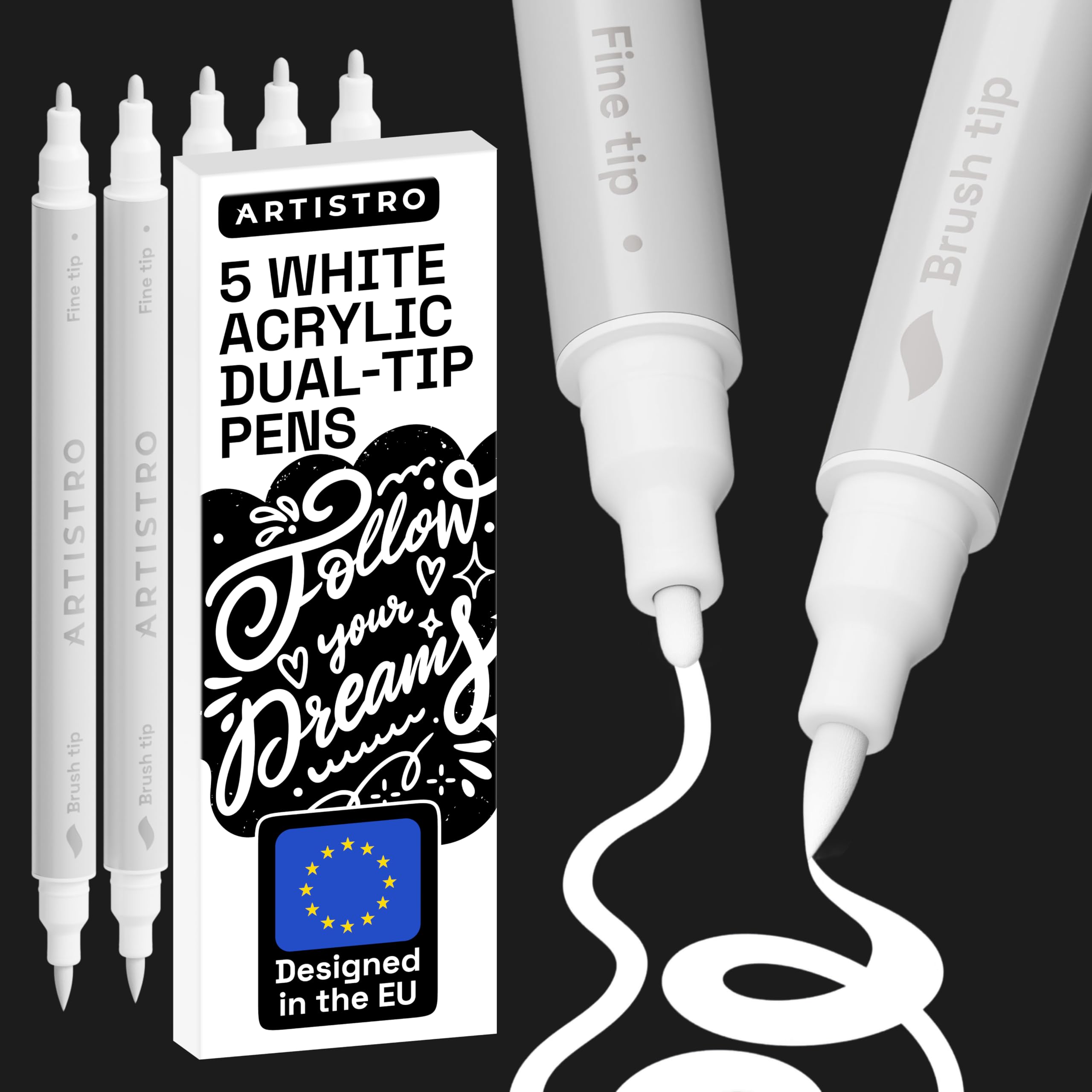 ARTISTRO 5 White Acrylic Paint Pens – Dual Tip (Brush & Fine) Markers for Fabric, Canvas, Rock, Glass, Wood – Calligraphy, Scrapbook Supplies DIY & Gift for Kids, Teens - Art Set