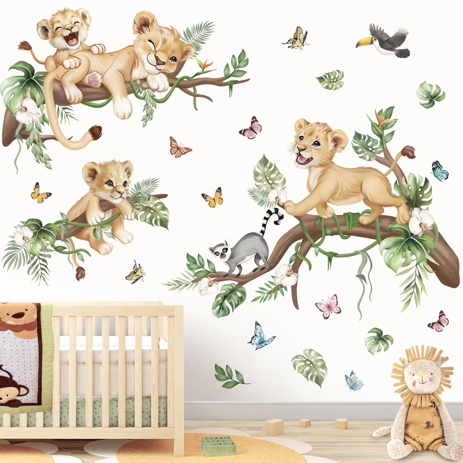 wondever Safari Animal Lions Wall Stickers Jungle Animals Tree Branch Butterfly Peel and Stick Wall Art Decals for Baby Nursery Kids Bedroom Living