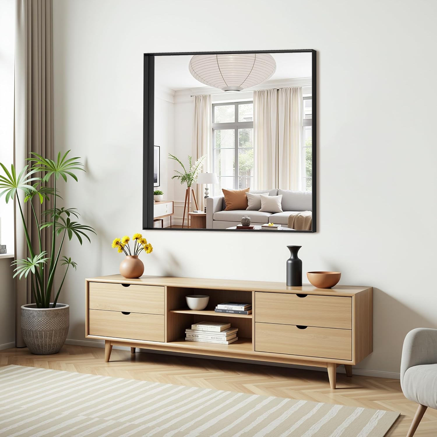 Black Bathroom Mirror 42x42 Inch, Rectangle Mirror with Metal Deep Frame, Wall Mirrors for Over Sink, Vanity, Bedroom, Bathroom, Hangs Horizontally or Vertically