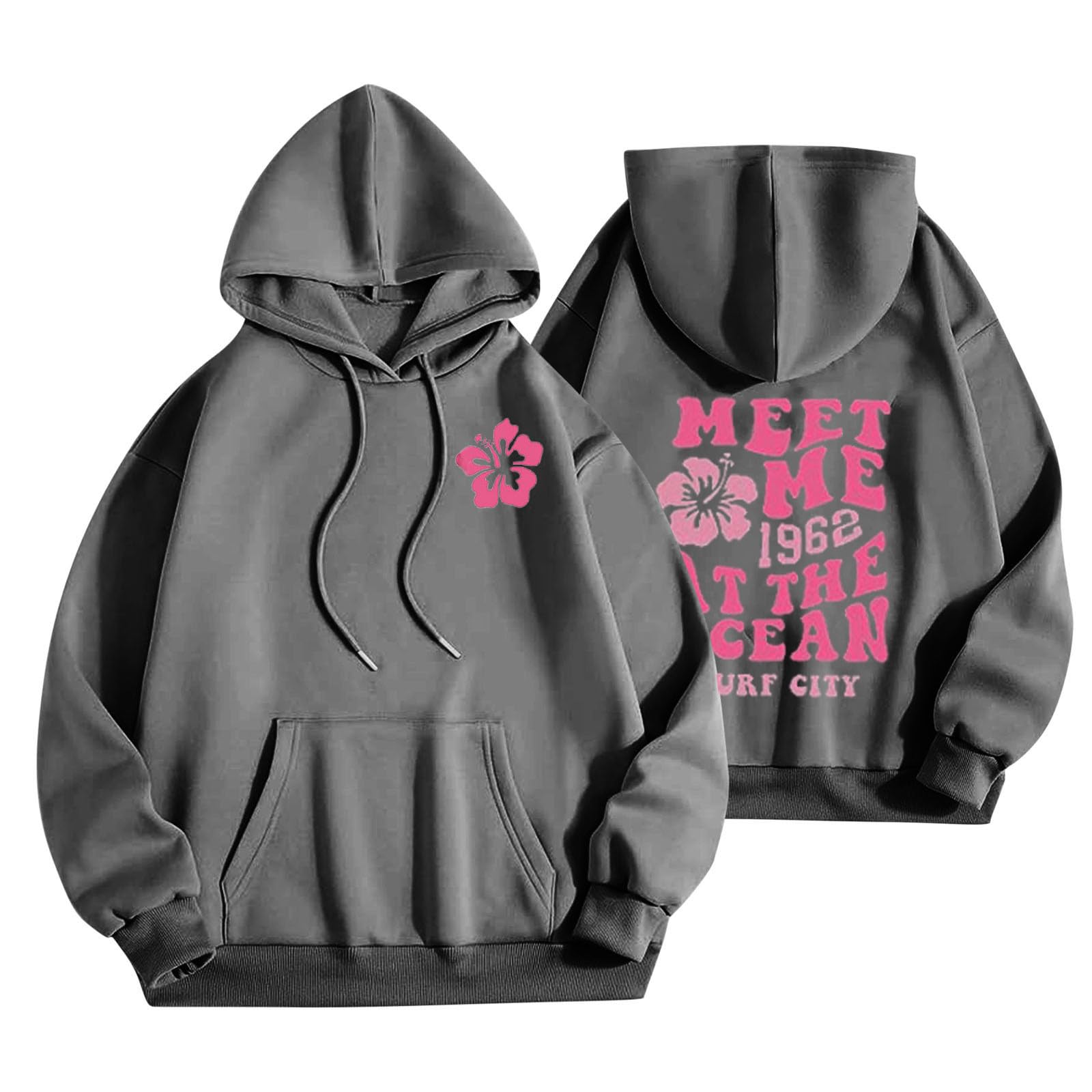 RLEHJN Pink Palm Puff Hoodies for Women UK Sale Clearance Floral Letter Print Y2K Hoodie Long Sleeve Sweatshirts Ladies Fleece Tops Casual Drawstring Hooded Pullover Fall Warm Sweater with Pockets