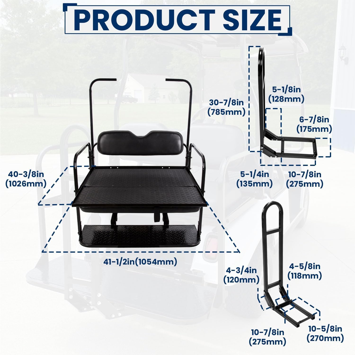 KUAFU Golf Cart Flip Back Seat Compatible with 1994.5-Up EZGO TXT with Handle Bar Roof Support Rear Seat Black (Delivered in 3 Packages)