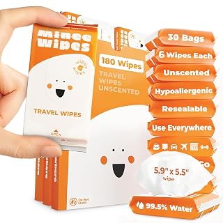 Impossibly Compact Travel Wipes - 99.5% Water - Safe for Sensitive Skin & Hypoallergenic, Resealable, Thick & Durable - For Adults & Kids - Unscented, 30 Pack Total 180 Wipes - Amazon product rated Grade A