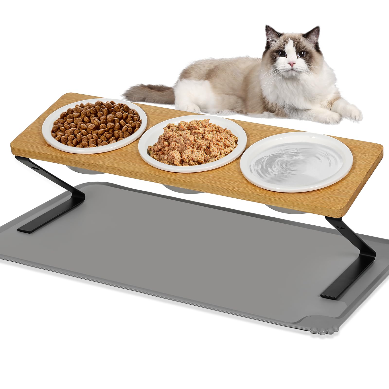 Cinnani Comedero Gato Elevado,Comedero Gato,Comederos para Gatos Inclinación de 15° Ceramica con Soporte de Bambú y Antideslizante Alfombrilla,3x300ml Comederos y Bebederos para Gatos y Perros Pequeño