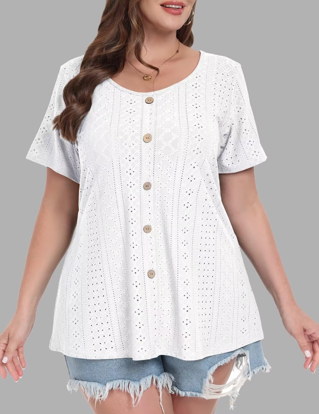 MONNURO Womens Plus Size Tops Summer Eyelet Short Sleeve Tunic Shirts Button Decor Loose Casual Blouses for Leggings(White,3X) - Image 4