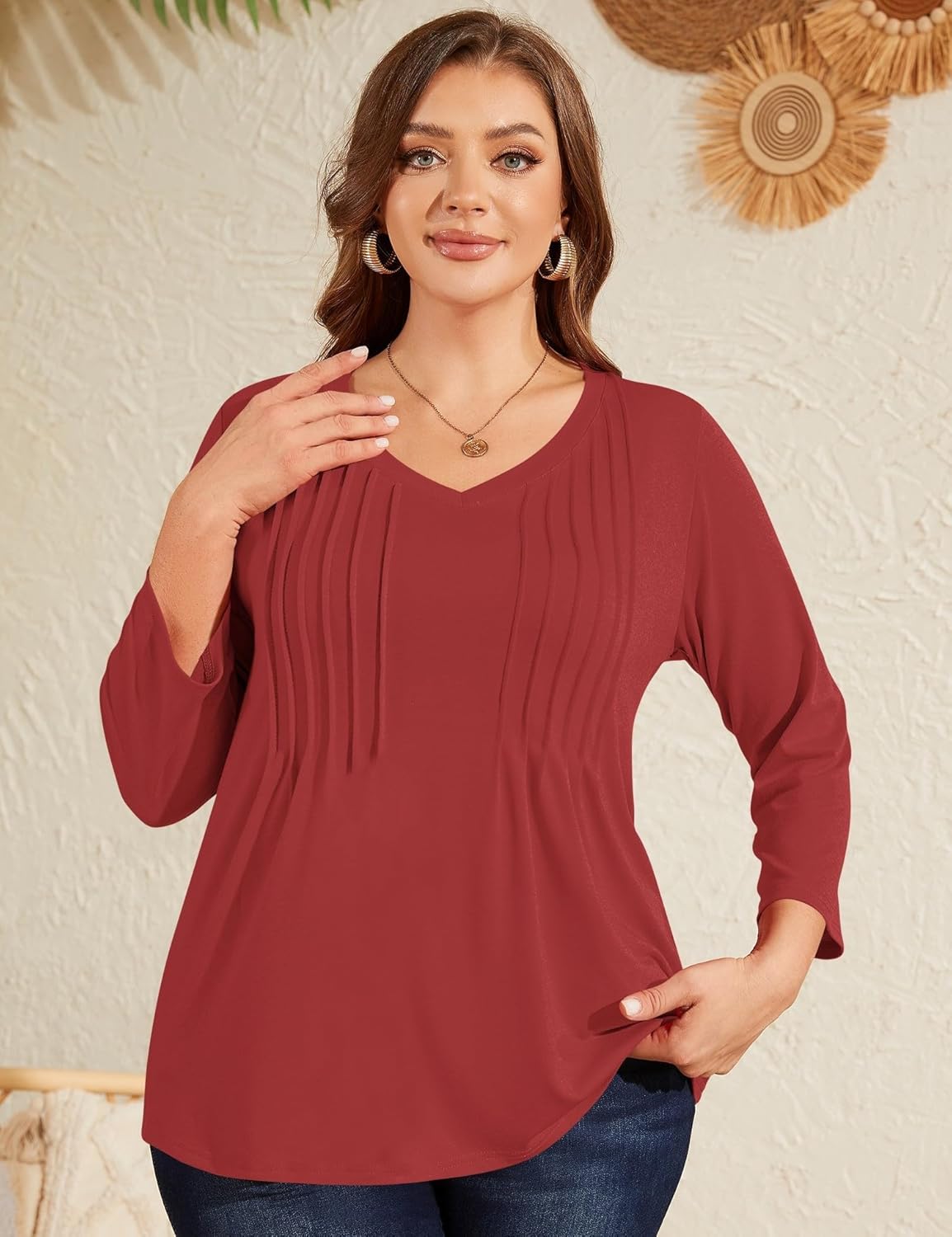 Romanstii Plus Size Tops for Women Womens 2026 Spring 3/4 Sleeve Blouses Dressy Casual V-Neck T-Shirts Pleated Tunic XL-5XL - Image 3