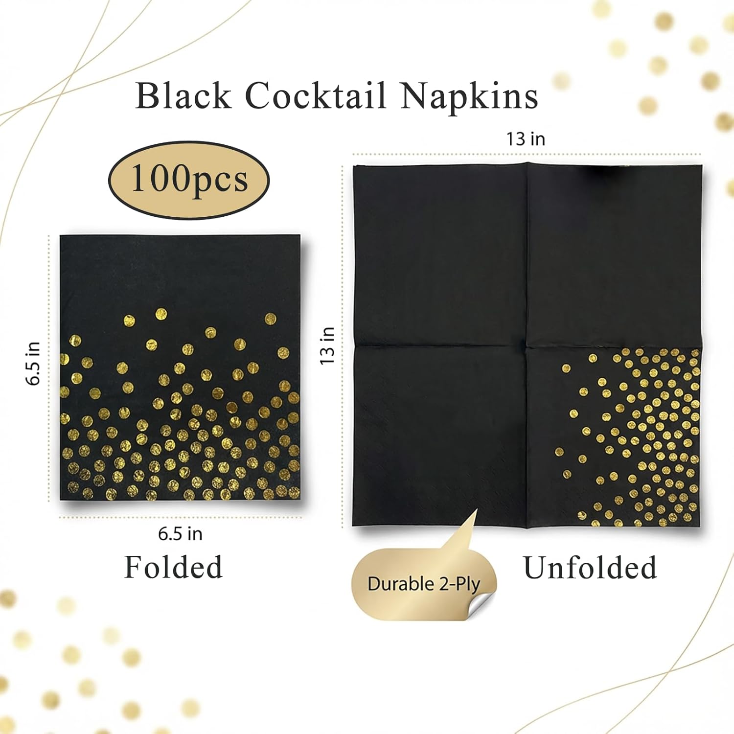 Yinbanban Black and Gold Cocktail Napkins,100Pcs 6.5 Inch Gold Dots Disposable Paper Dinner Napkins for Party Wedding Birthday Bar Holiday Graduation New Year Black-100Pcs