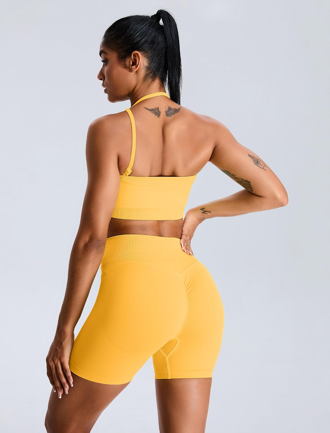 ABOCIW Womens Workout Sets Seamless High Waist Scrunch Butt Shorts Removeable Strap Bandeau Sports Bra Gym Set
