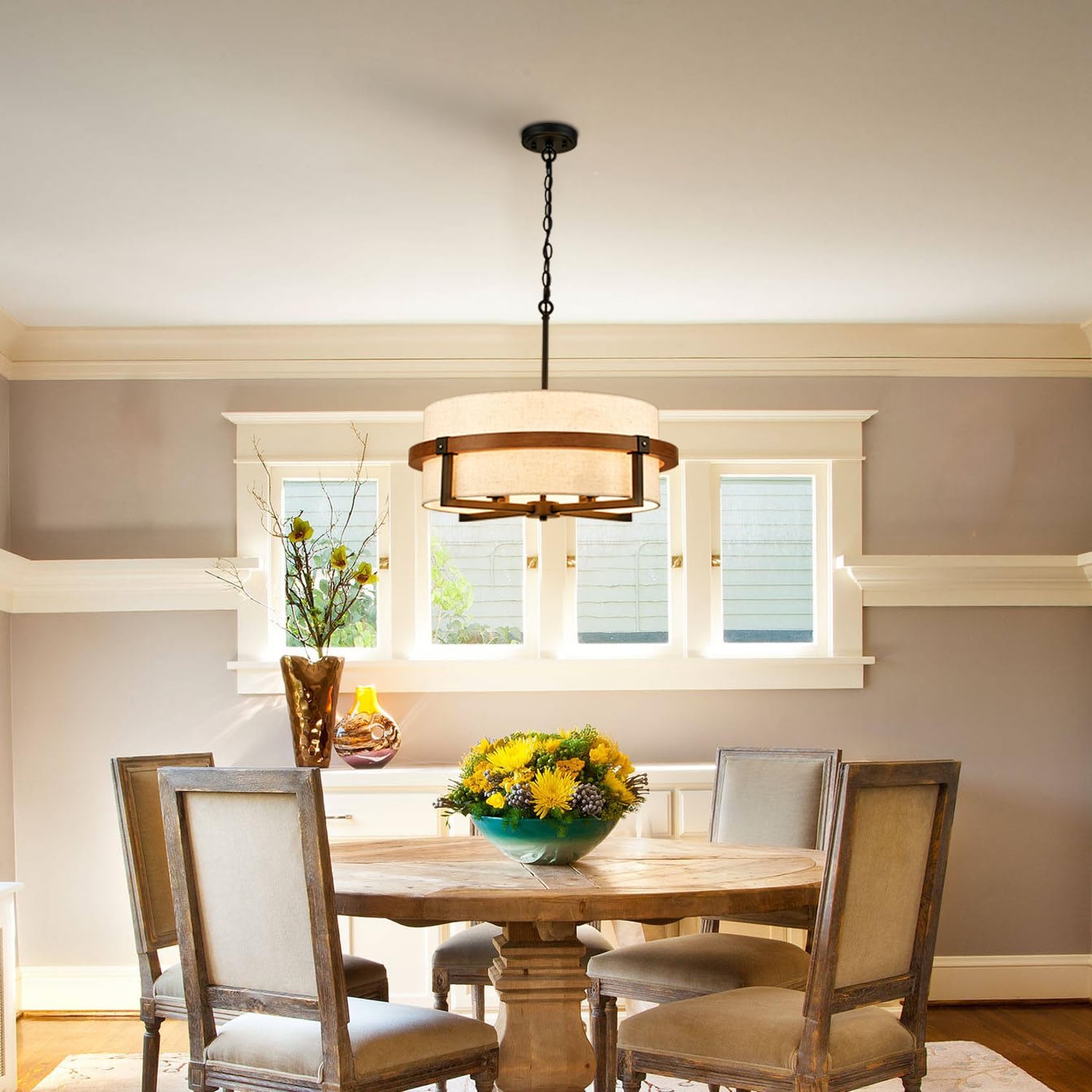 Rustic Drum Chandelier 4-Light Dining Room Chandelier with Off-White Fabric Shade