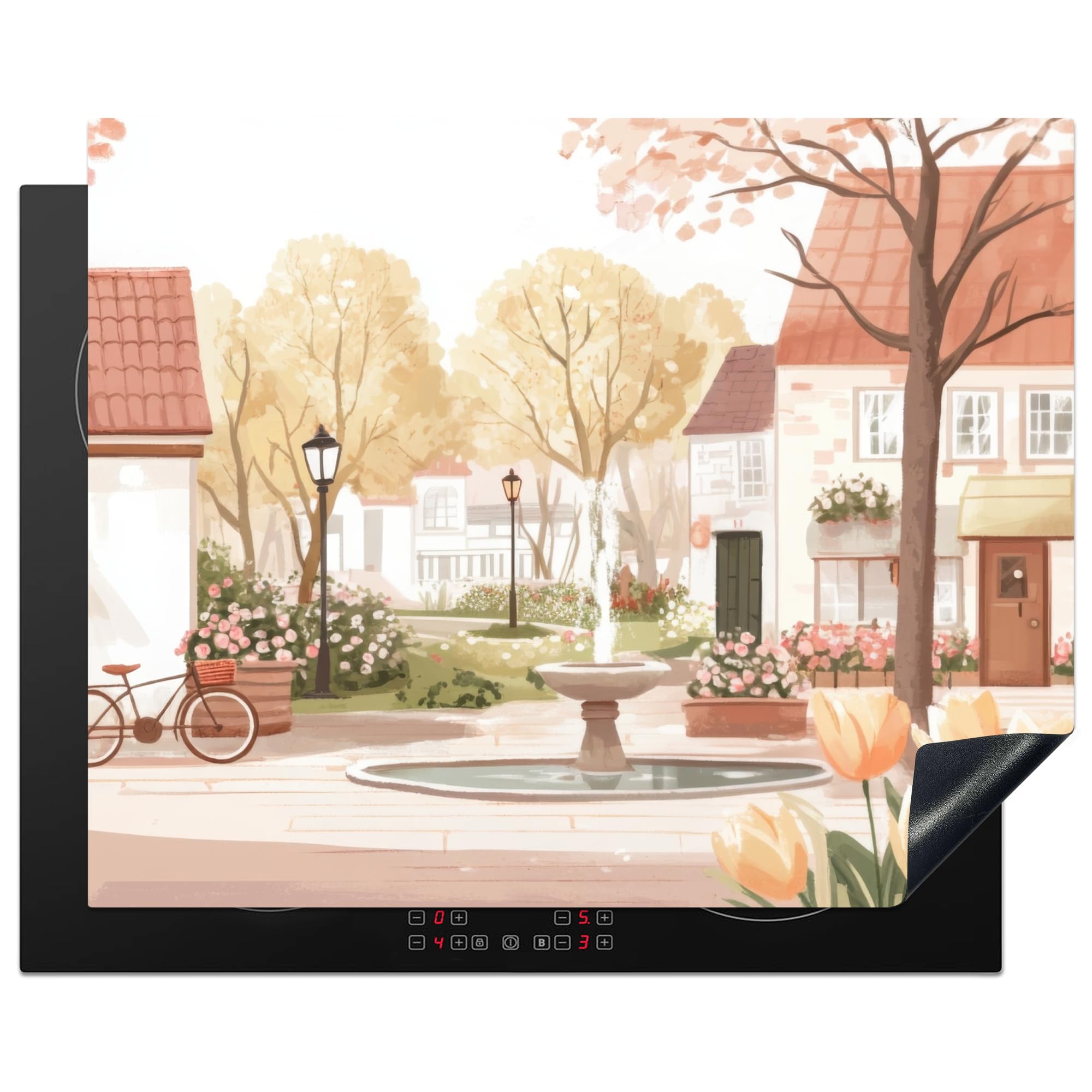 KitchenYeah© Induction Hob Protector Mat 20.5"x25.6" / 65x52 cm Cooker Top Protectors Cover Ceramic Covers Electric Hobs Vinyl Village Square - Fountain - Tulips