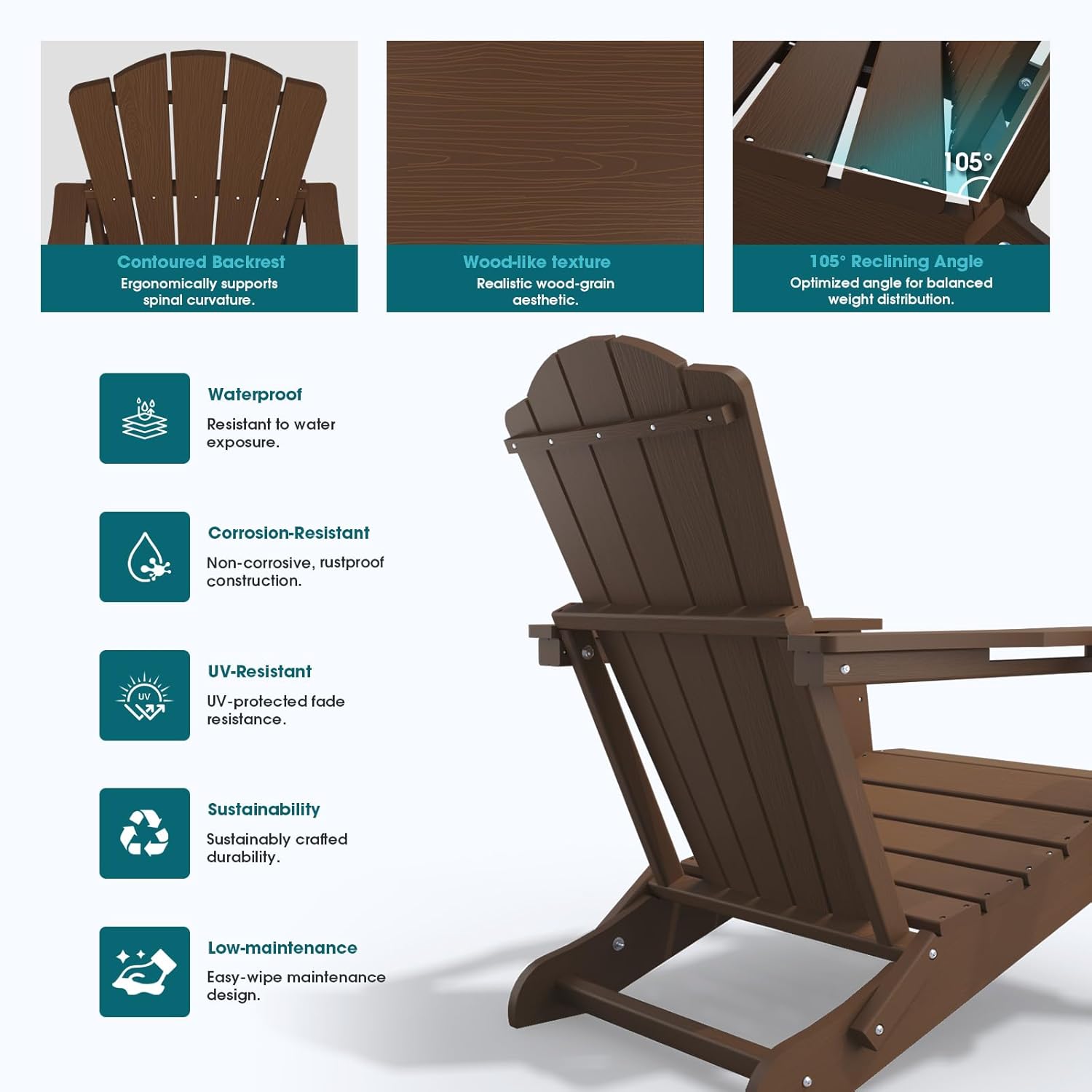 THOEOE Folding Adirondack Chair Set of 4, HDPE All-Weather Outdoor Chair with Cup Holder, Wooden Textured, Fire Pit Chair, Plastic Patio Chair for Deck, Backyard, Garden, Lawn, Brown