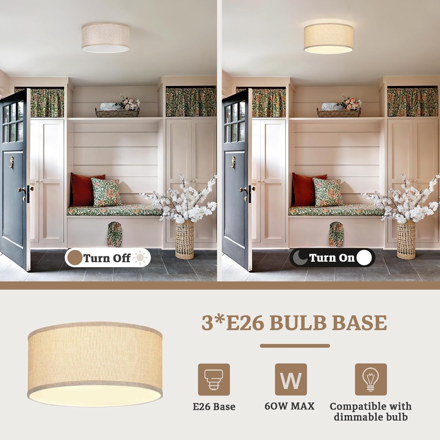 13 Inch Flush Mount Ceiling Light with Burlap Linen Drum Shade, Semi Flush Mount Ceiling Fixture, 3-Light Drum Light Fixture,Rustic Farmhouse Style for Bedroom, Living Room, Hallway, Entryway