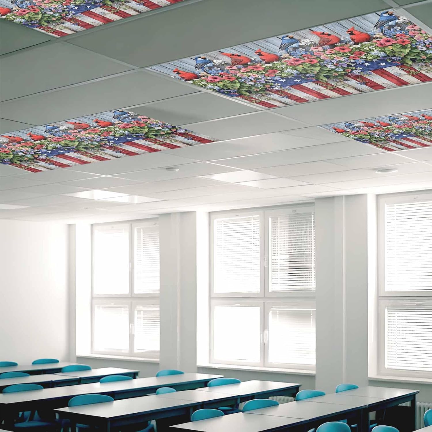 4 Pcs Fluorescent Light Covers for Ceiling Lights, 4 x 2 Feet, Floral Cardinal Bird Magnetic Light Cover American Flag Patriotic 4th of July Lights Shade Panel for Office, Home, Ceiling
