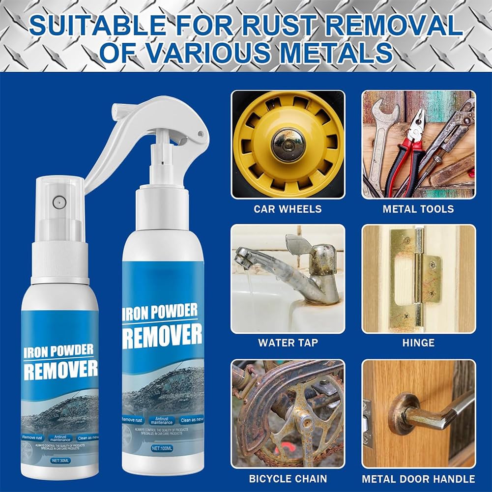 Multi-Functional Quick-Acting Rust Removal Spray, Portable Rust Remover Spray for Metal, Iron Powder Remover Sprays, Fast-Acting Formula & Easy Application, for Cars Metal Surfaces (100ml*3pcs)