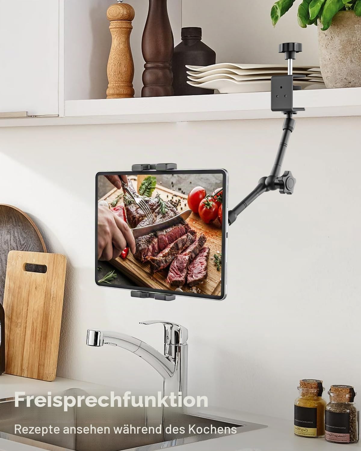 16" Tablet Halterung Tisch, [Metallarm] 360° Verstellbare Tablet Ständer Arm für Küche/Schreibtisch/Bett/Küchenschrank, iPad Halterung Klemme für iPad Pro Air Mini, Galaxy Tab, E-Reader 4,7-16" Geräte