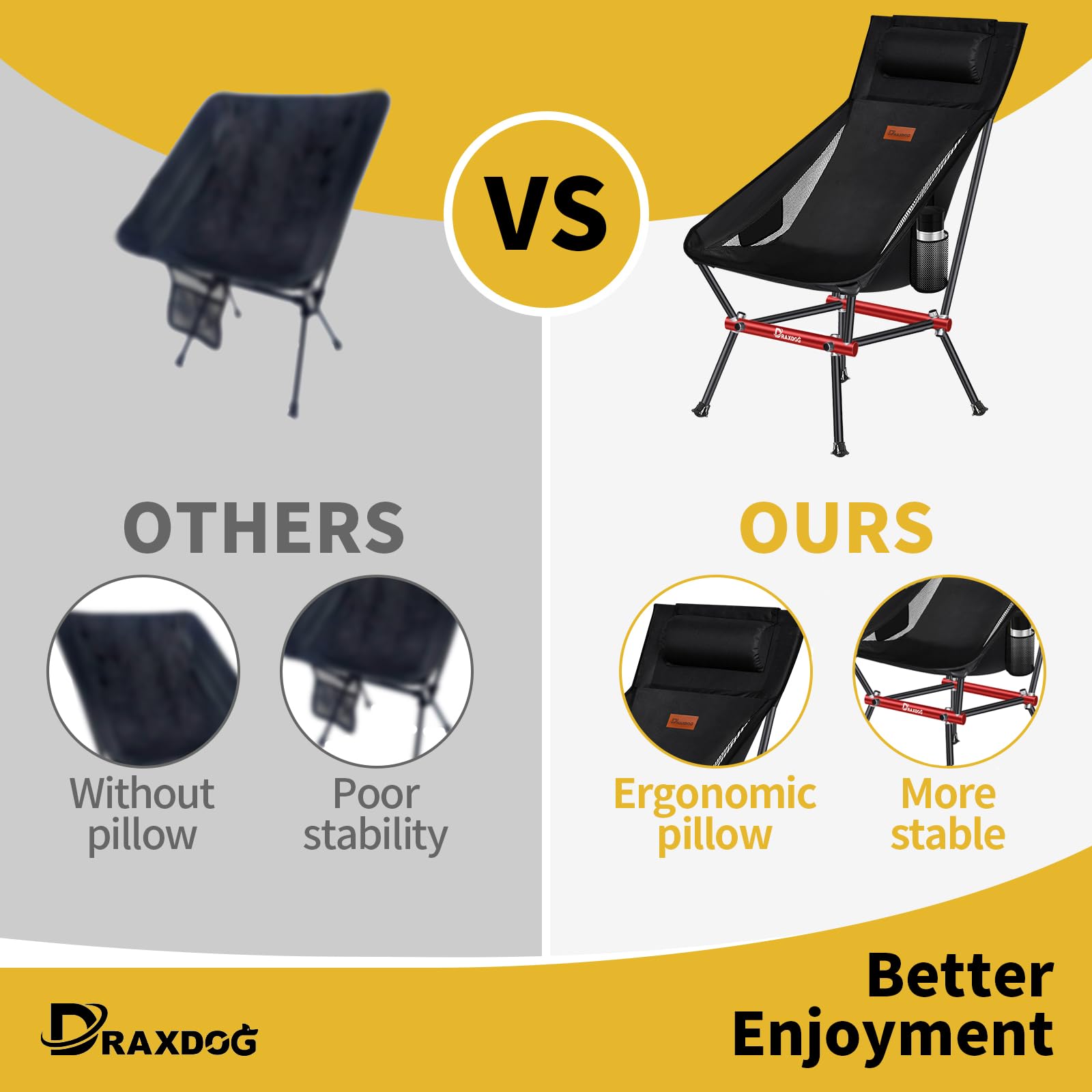 DRAXDOG Camping Chair, Patented for Invention, Includes Complimentary Backpack, Portable Folding Chair, Beach Chair with Side Pocket, Lightweight Hiking Chair BD-ZZ-Red (Black)