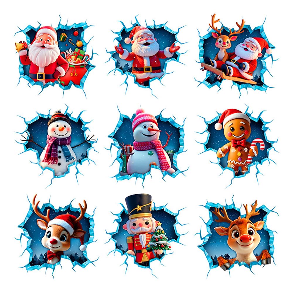Christmas 3D Wall Stickers 9PCS Santa Claus Breaking Through The Wall Design Large 3D Santa Claus Wall Decals Holiday Xmas Break Through Walls Decor for Window Refrigerator Decoration