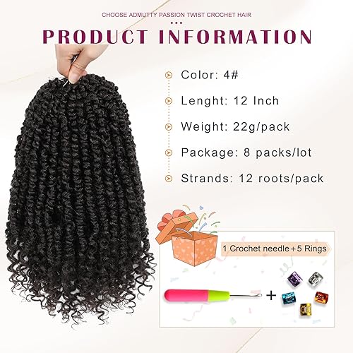 Miniatura 2 de Pelo de ganchillo pretrenzado de 12 pulgadas, cabello de ganchillo Passion Twist 8 paquetes de cabello pretrenzado de Passion Twist, cabello de