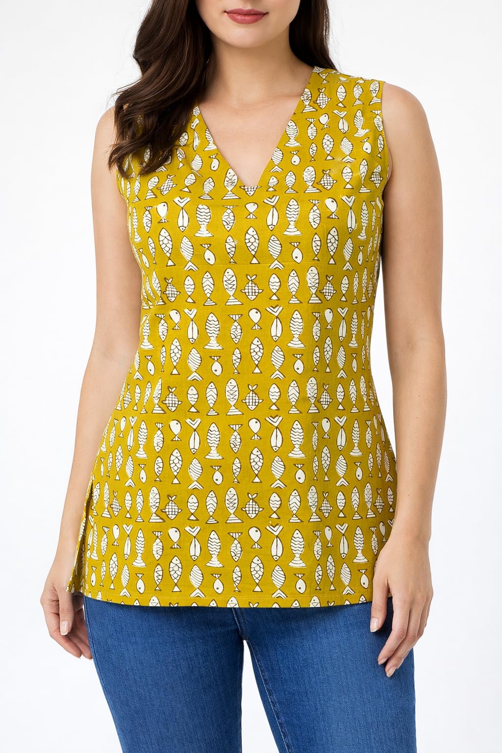 Women's Pure Cotton Block Print V-Neck Sleeveless Top (27 Inch Length) ST00136