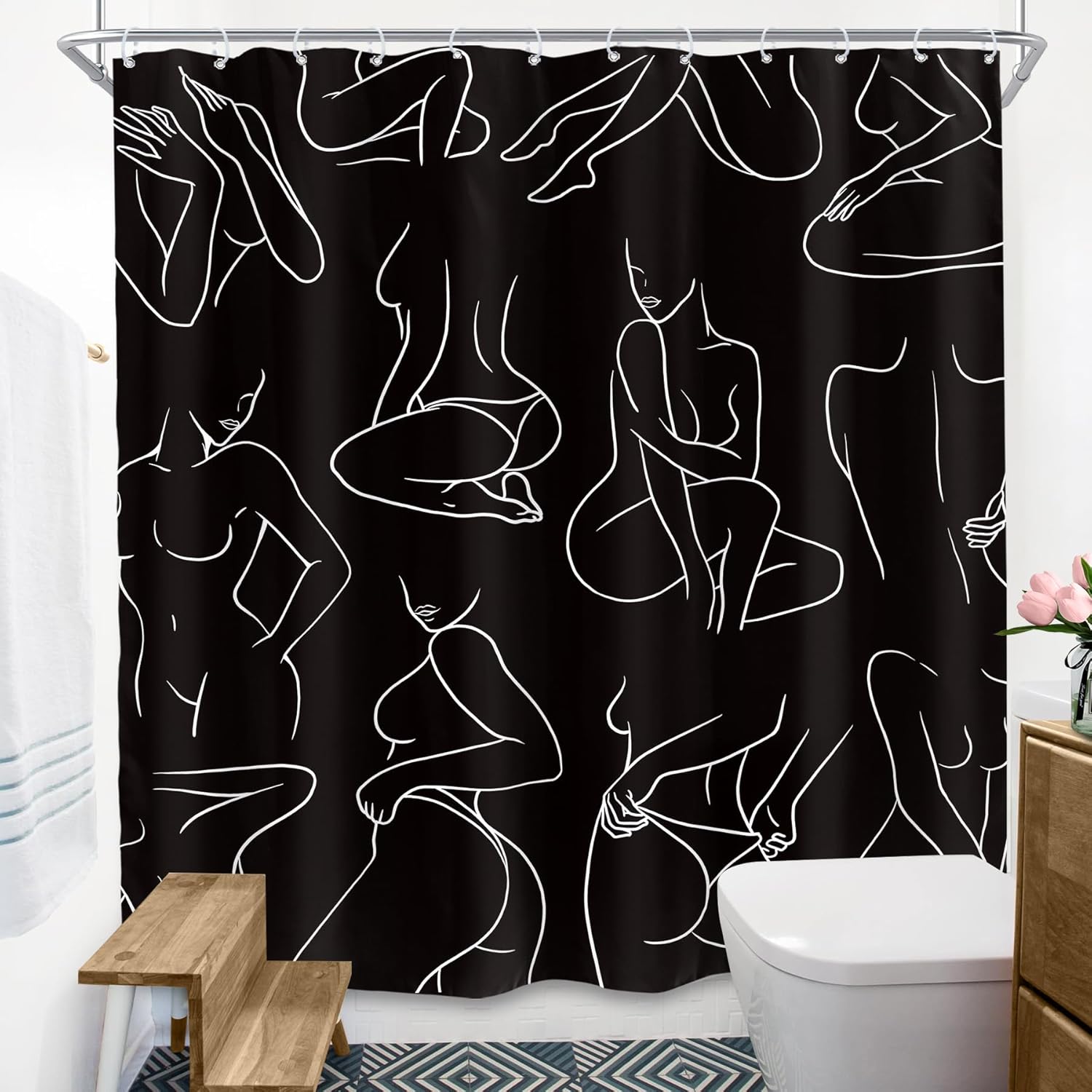 SVBright Extra Long Black and White Shower Curtain 72Wx84L Inch Cute Abstract Women Modern Minimalist Line Art Ladies Sketch Aesthetic 12 Pack Hooks Polyester Waterproof Fabric Bathroom Bathtub Panels