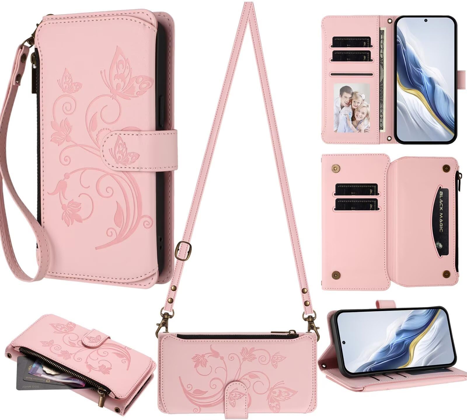 Zipper Crossbody Wallet Phone Case Cover for Samsung Galaxy A56 5G,Butterfly Flower Magnetic 6 Card Holders Pocket Purse Wristlet Protective PU Leather Bumper