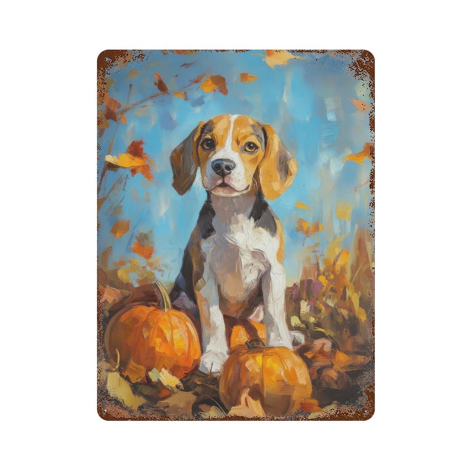 Beagle Puppy with Pumpkins Painting Fall Dog Portrait 15.7"x11.8" Vintage Rust Metal Sign, Decorative Metal Wall Art for Bistro, Counter And Cafe Decor