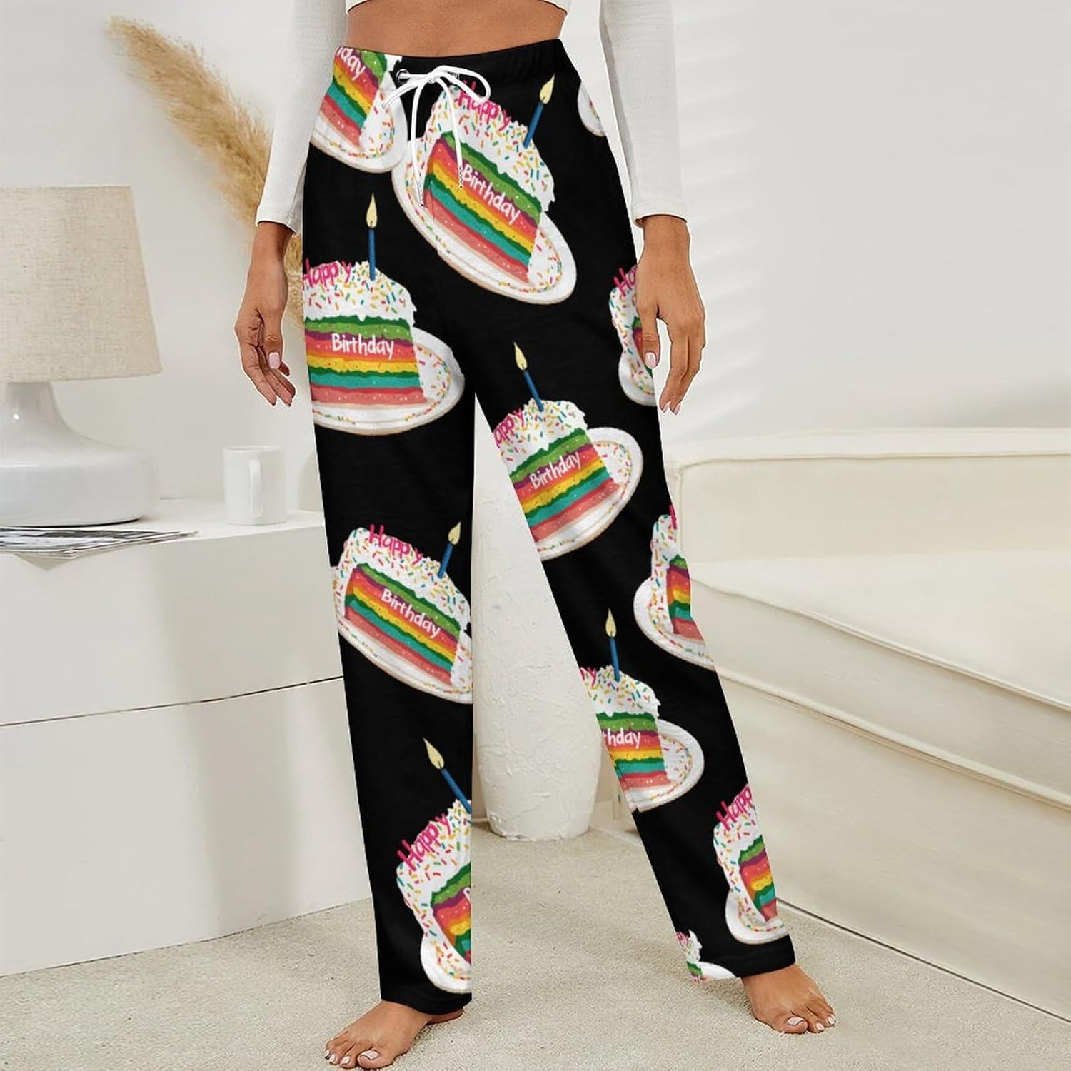 Colorful Cake Happy Birthdays Flannel Pajama Pants Women Soft Fleece Sleep Pj Lounge Bottoms