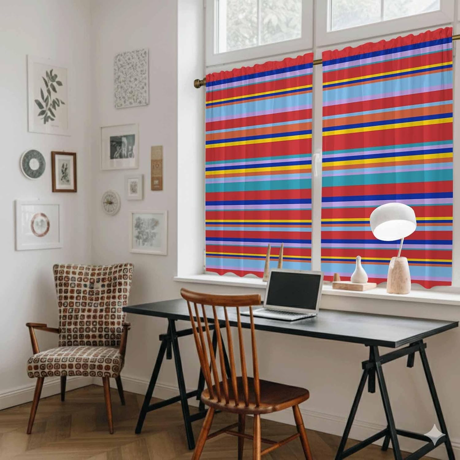 Rainbow Striped Kitchen Curtains 45 Inch Long 2 Panel Set, Rod Pocket Window Treatment, Red Blue Yellow Geometric Abstract Light Filtering Panels Short Drapes for Bathroom Camper 42"W x 45"L