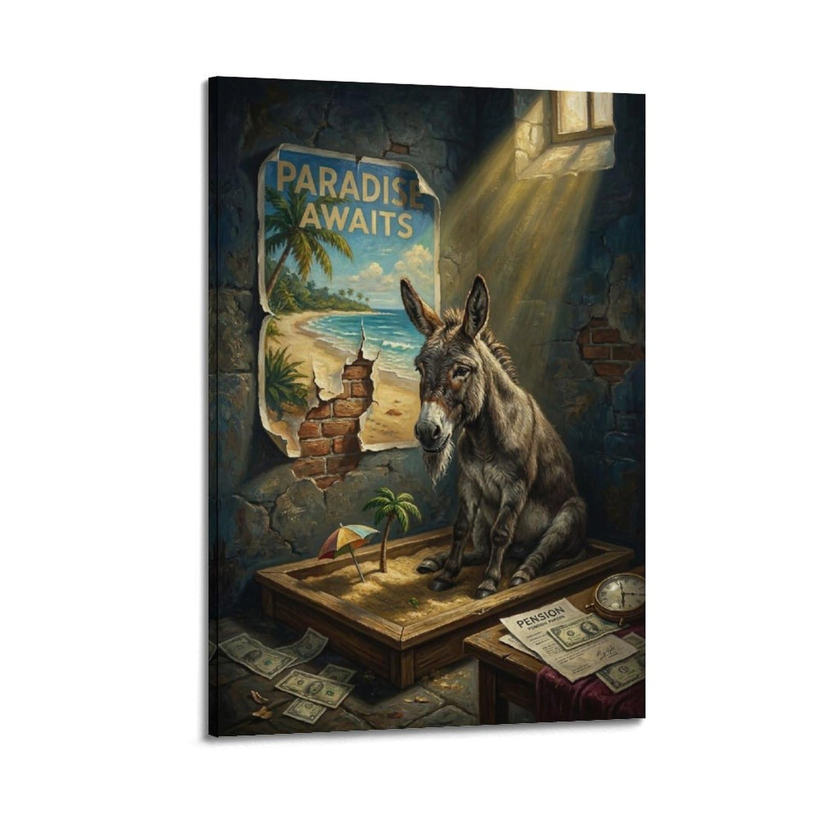 XKUGA Surreal Vintage Animal Poster Donkey Retirement Paradise Satire Modern Decorative Canvas Prints - Ideal Wall Art for Family, Man Cave, Game Room, Boys & Girls Bedroom 16x24inch(40x60cm)