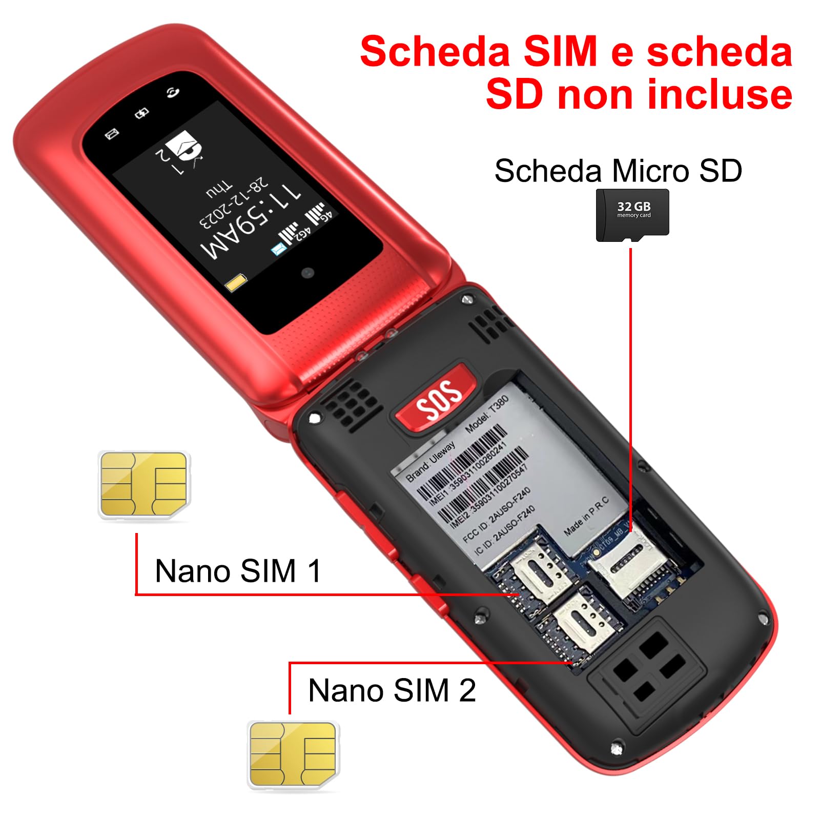 CHAKEYAKE 4G Telefono Cellulare per Anziani,Dual SIM, Flip Telefoni Cellulari con Tasti Grandi, Funzione SOS, Volume alto, 2.4"+1.77" Doppio Display, Torcia, Base (Rosso)