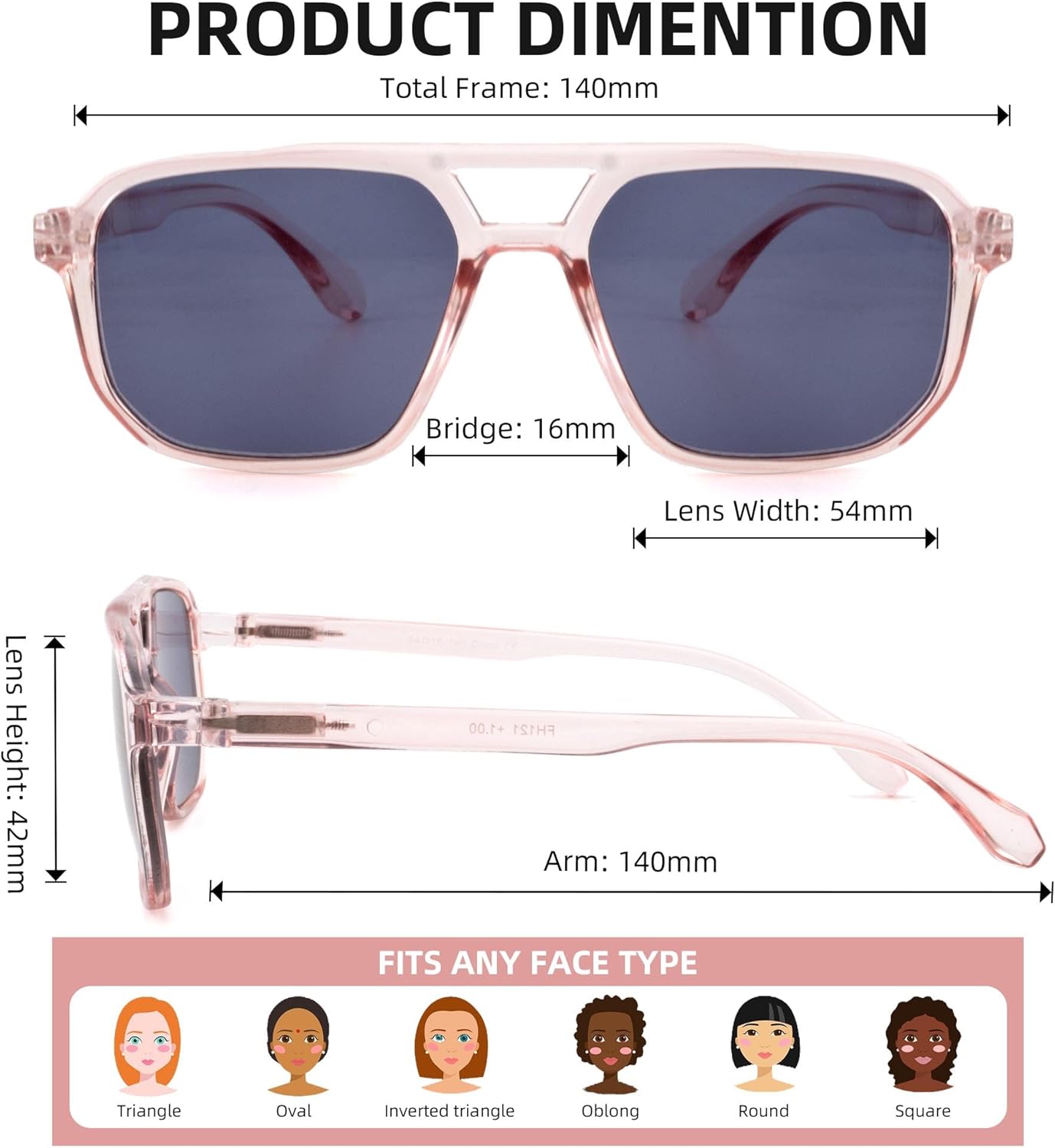 Square Reader Sunglasses for Men Women Double Bridge Pilot Full Lens Sun Reading Glasses UV400 Outdoor Driving, Clear Pink Frame + Grey Lens, +1.50 - Image 4