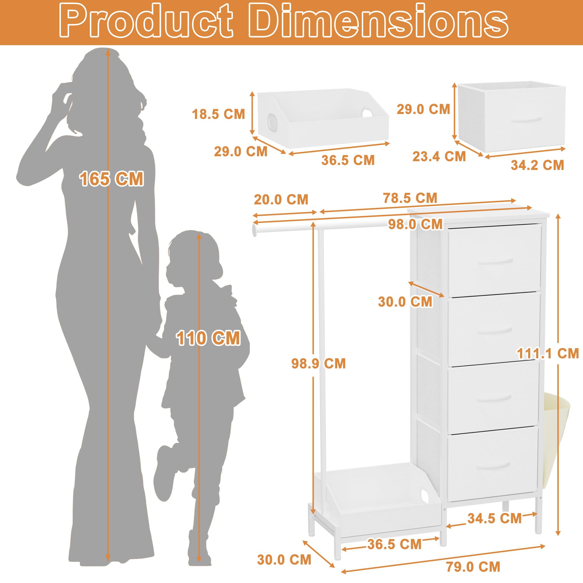 Kommode mit 4 Stoff Schubladen und Kleiderstange, 110cm Hoch Stabil Komodenschrank Schmaler Kleiderschrank für Schlafzimmer Flur Kinderzimmer, Platzsparender Wäscheschrank mit Schuhablage, Weiß
