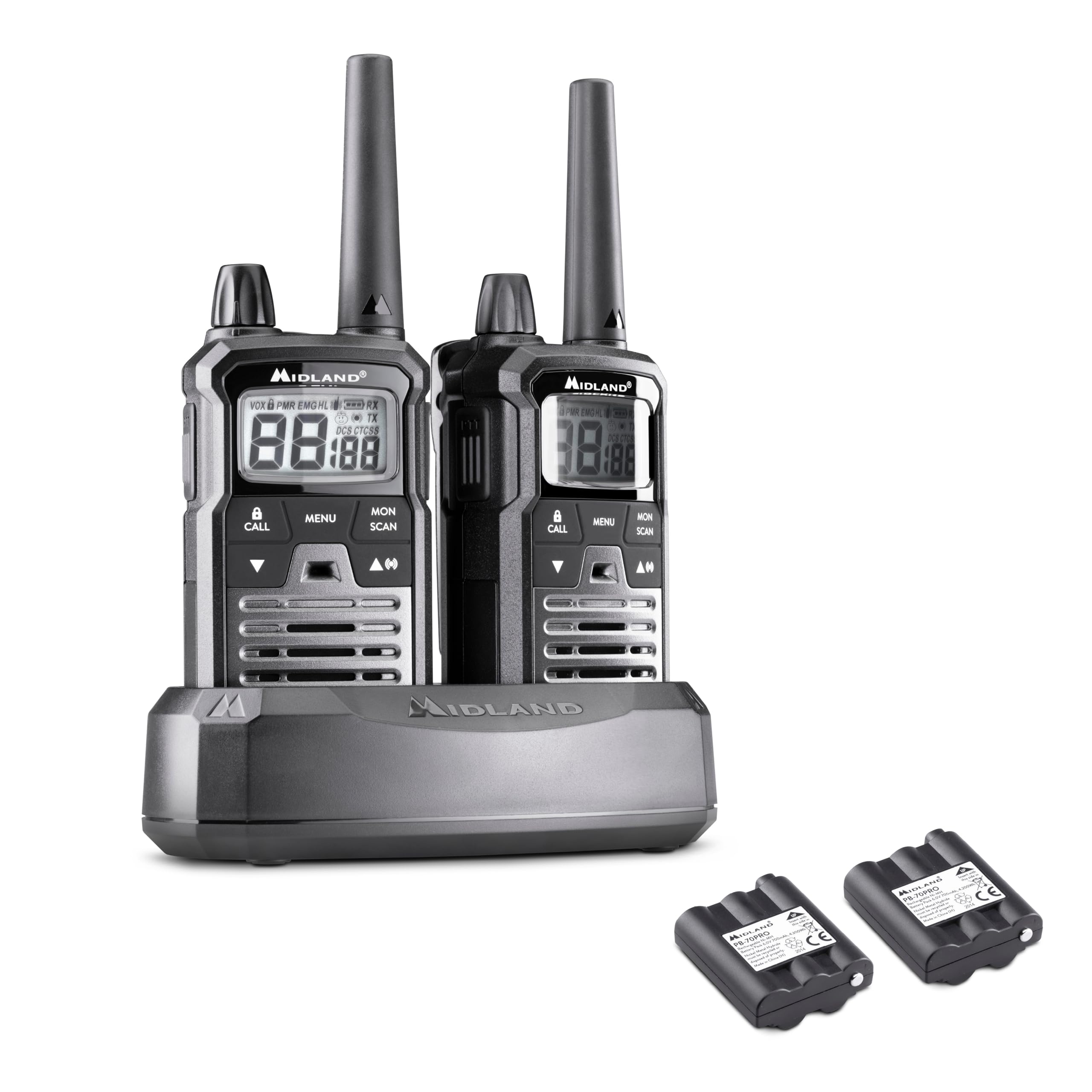 Midland XT70 PRO Doble, Walkie Talkie Profesional de Carga Rápida, 101 Canales PMR446 y Canal RRM, 142 Tonos CTCSS, Resistente al Agua IPX4, Recargable con USB, Alcance 12 Km, Negro/Gris, 2 Unidades