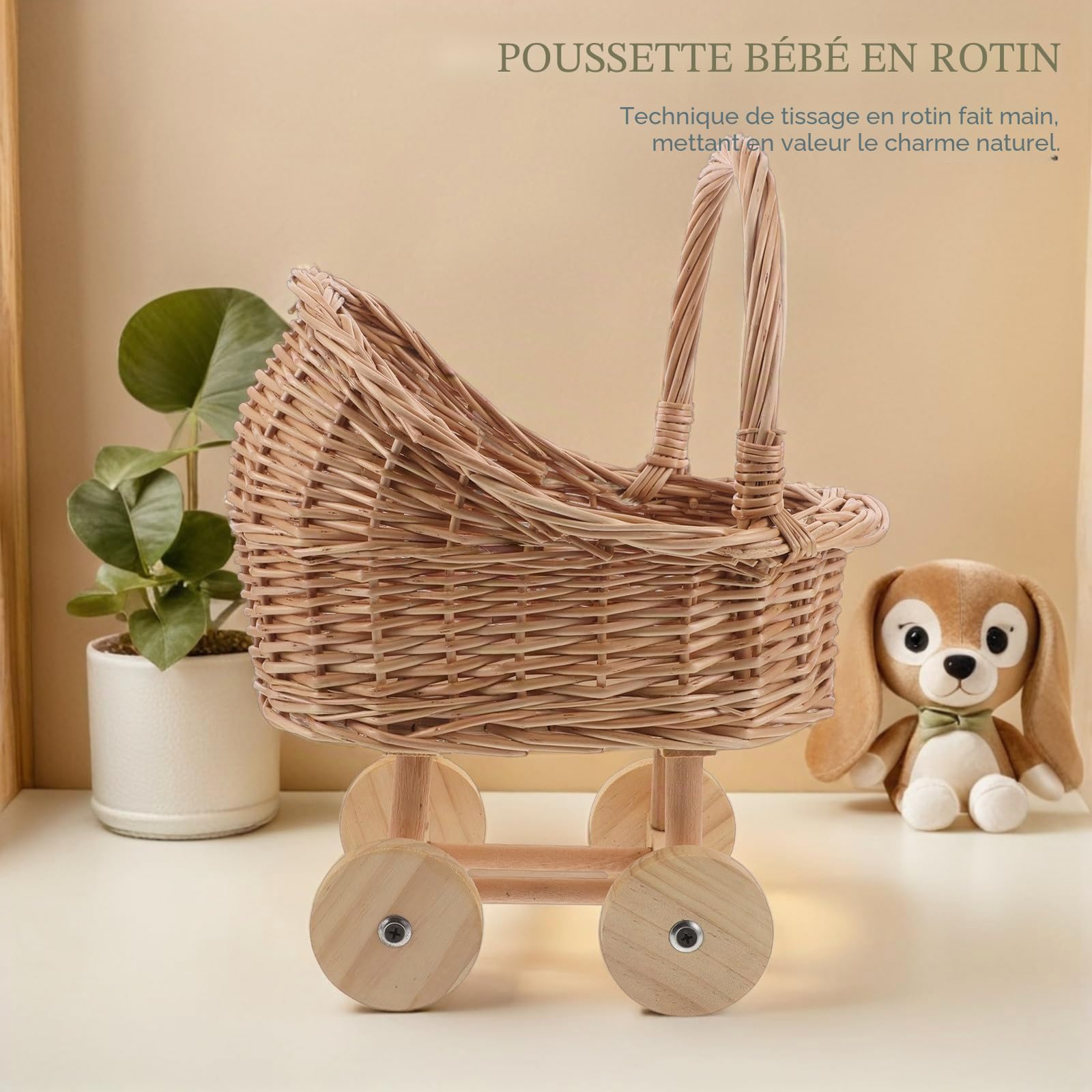 Gatuida Poussette de poupée, Jouet d'imitation en Osier pour bébé Fille, Poussette de poupée, Panier de Fleurs Vintage pour Maison de Jeu
