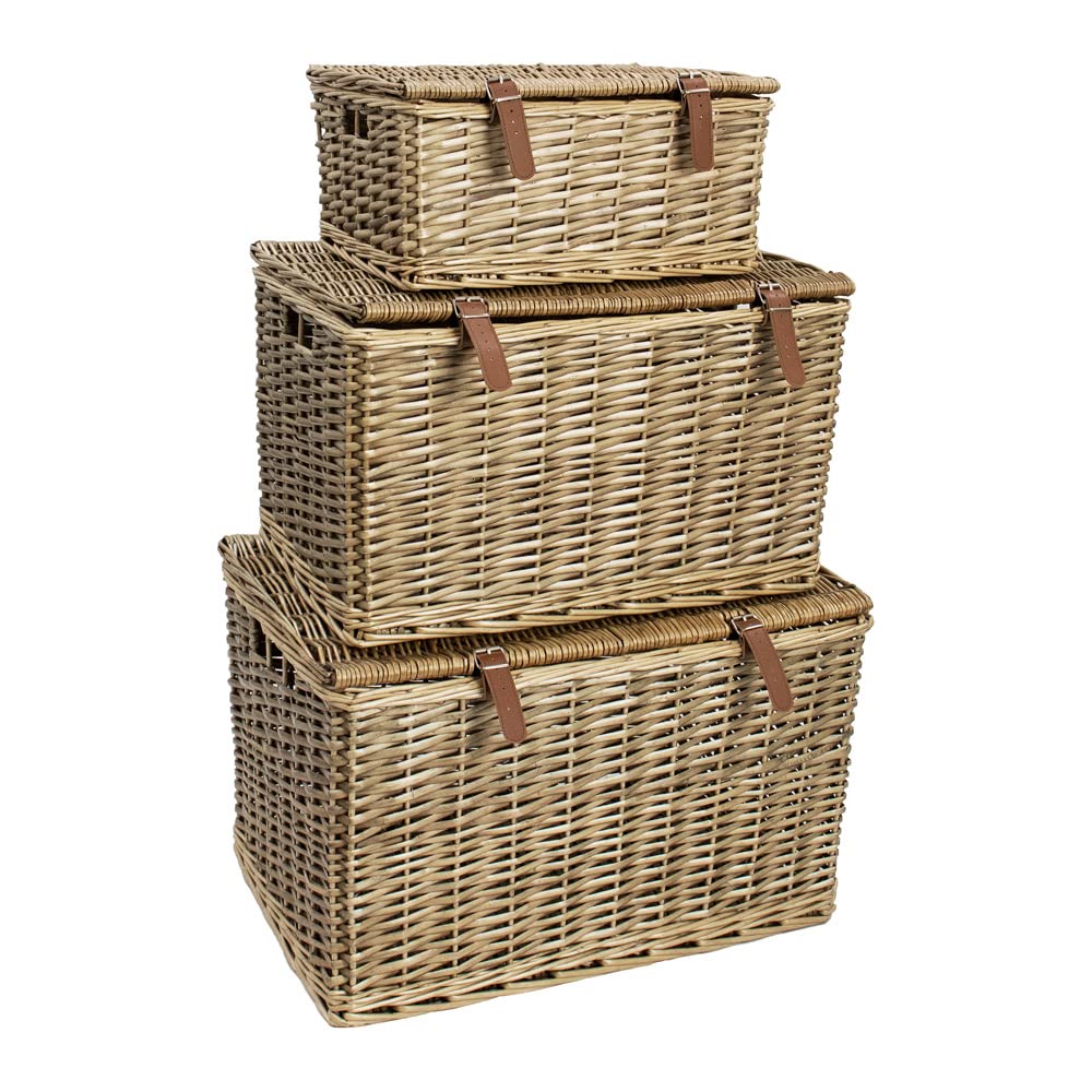 JVL Handmade Buff Wicker Hampers with Faux Leather Straps, Set of 3