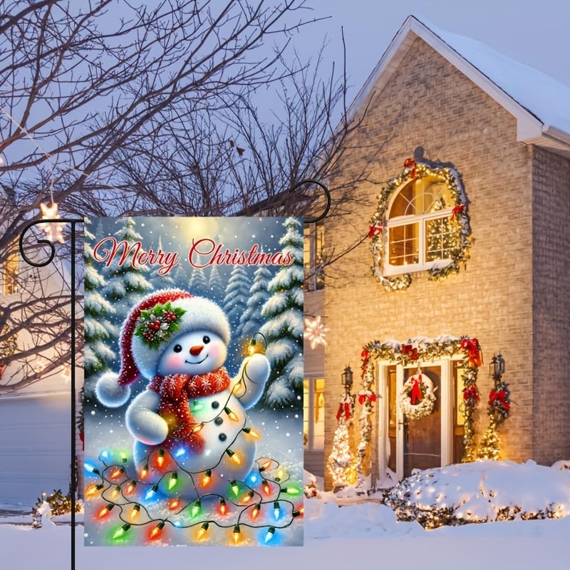 Image of Blissyard Merry Christmas Garden Flag With Festive Snowman Colorful Holiday Lights And Snowy Trees Christmas Garden Flags For Outside Outdoor Yard Decoration 12x18 Inch