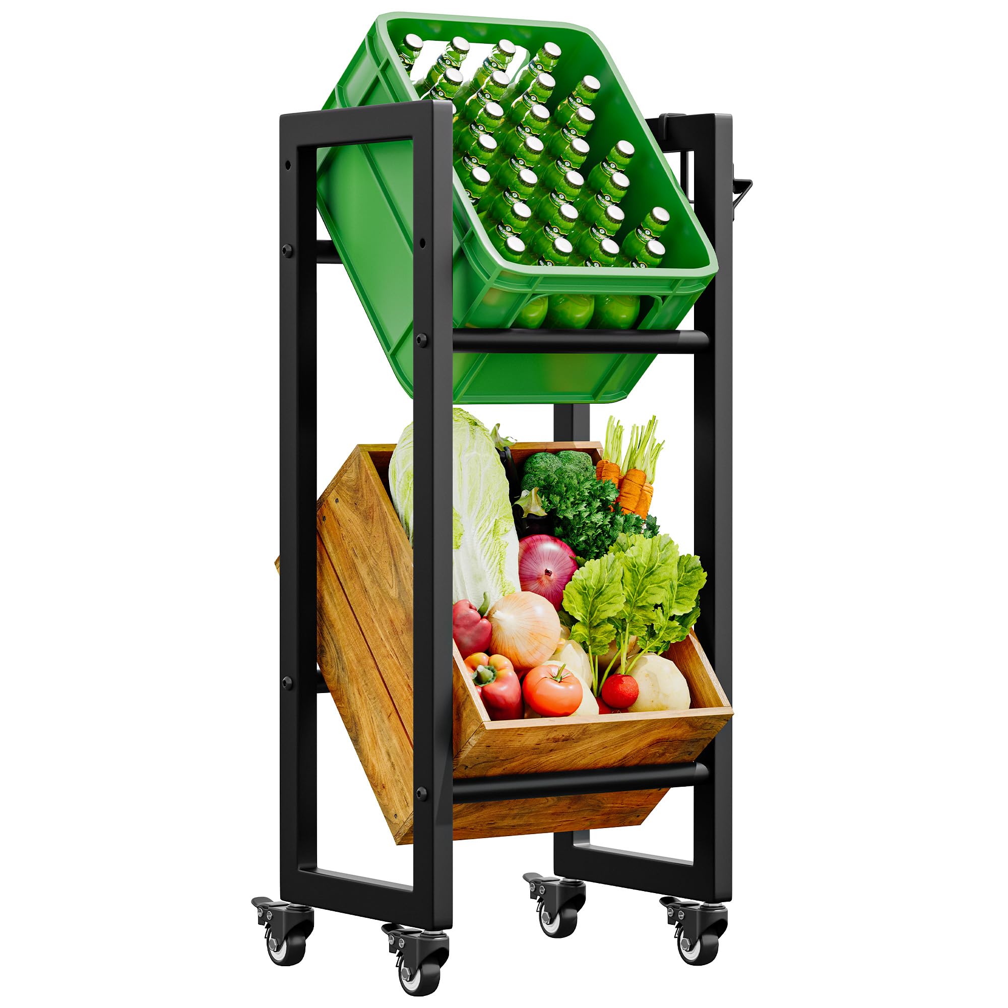 YITAHOME Getränkekistenregal 2 Kisten mit Rollen, verstellbaren füße, Öffner, Metall Kistenregal mit 2 Ebenen für Bier, Obst, Gemüse, Wasser, getränkeregal kisten Regal, Tragfähigkeit 240KG