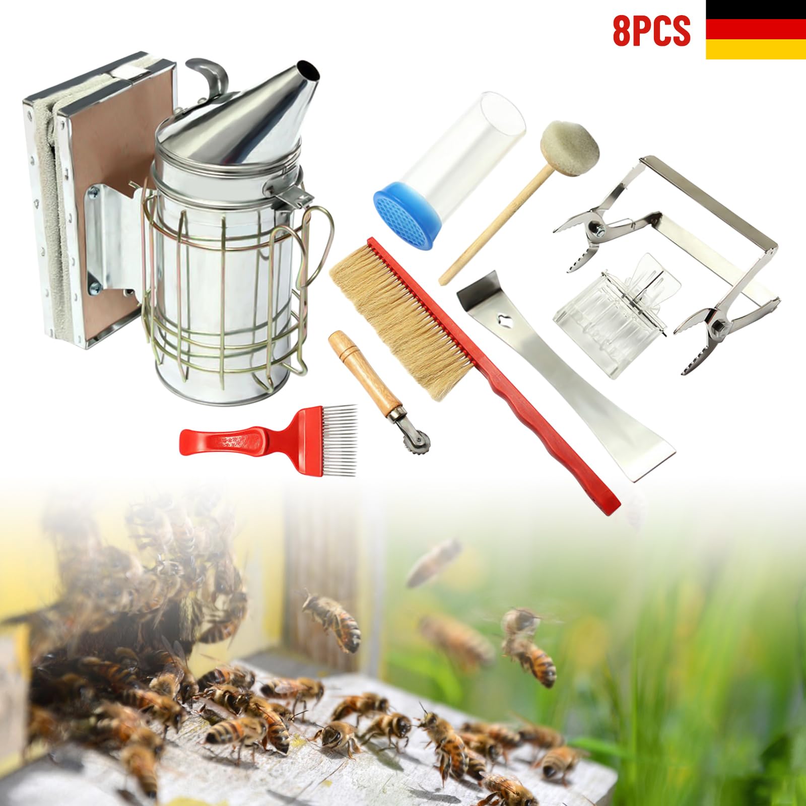 Kit Di Strumenti Per Apicoltura Kit Apicoltura Strumenti Di Avvio Per L'Apicoltura Kit Strumenti Apicoltore 7 Pezzi con Polverizzatore Di Fumo Manuale Usato In Case, Fattorie