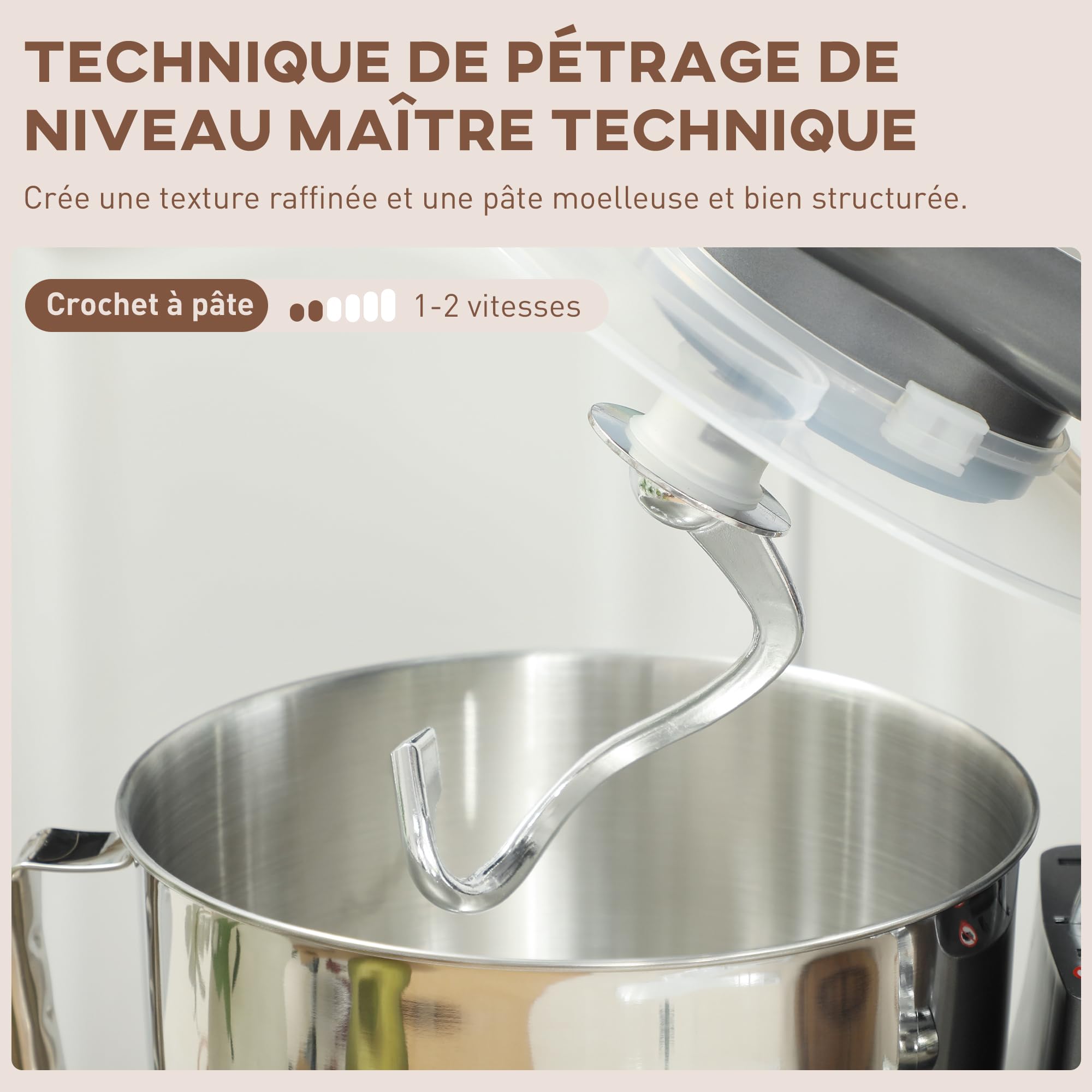 HOMCOM Robot Pâtissier 1300 W, Robot Pétrin Professionnel 4,5 L, Bol d'Acier Inoxydable, 6+P Vitesses et Pulse, Tête Inclinable, Crochet à Pâte, Fouet, Batteur, Spatule, Pare-Éclaboussures, Argent