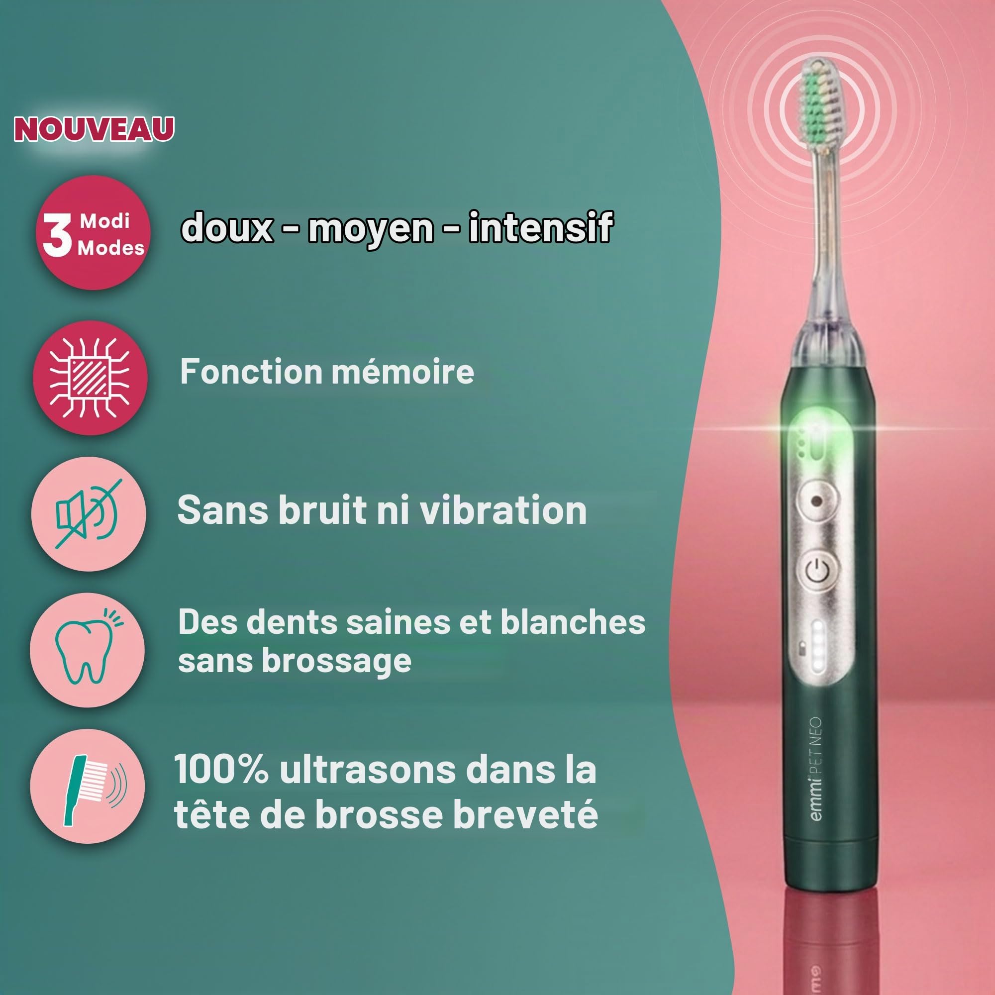 emmi-PET NEO Brosse à dents à ultrasons pour chien I Brosse à dents silencieuse avec 3 modes de nettoyage pour aider en cas de tartre et d'odeur de bouche I Soin dentaire sans frottement I Autonomie