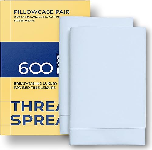 Juego de 2 fundas de almohada de algodón egipcio 100 % de 600 hilos, color azul claro, tamaño Queen, 100 % algodón peinado de fibras largas para