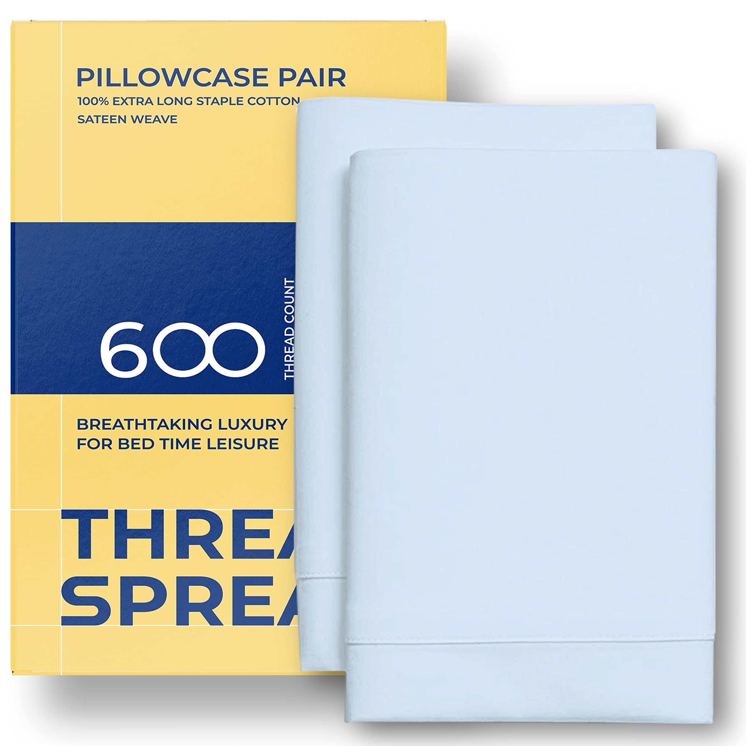 THREAD SPREAD 100% Egyptian Cotton Pillow Cases King - 600 Thread Count Pillowcases King Size Set of 2, Cooling & Breathable Extra Long Staple Sateen