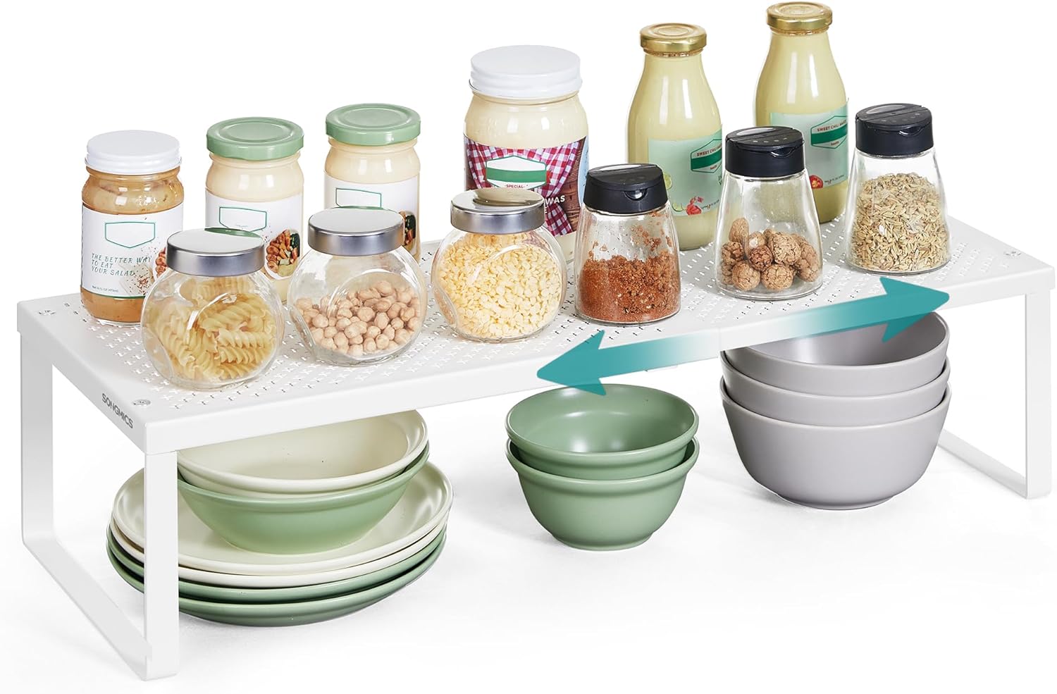 SONGMICS Spice Racks, Set of 4 Expandable Kitchen Countertop Shelves, Small Cupboard Organizers, Metal, Space-Saving Tabletop Shelves, Matte White UKCS404WC01